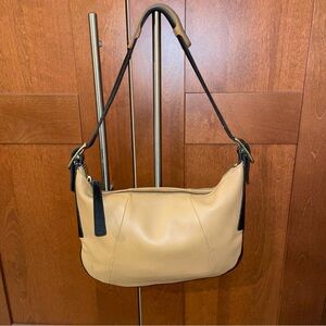 Chic Tan Leather Shoulder Bag with Black Accents